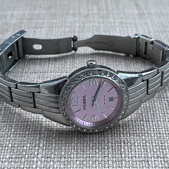 Fossil Women Wristwatch Pink Face Date Calendar Quartz Silver tone Watch - Picture 7 of 9